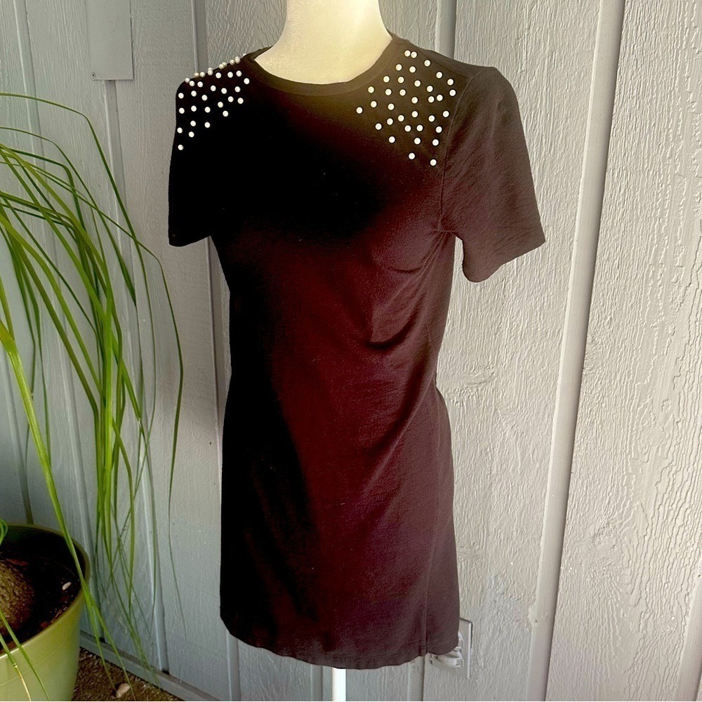 Zara Trafaluc Black Jersey Style‎ T-Shirt Small Dress White Beads Small Mini - Picture 2 of 11